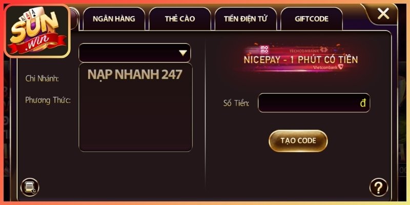 Các hình thức nạp tiền Sunwin